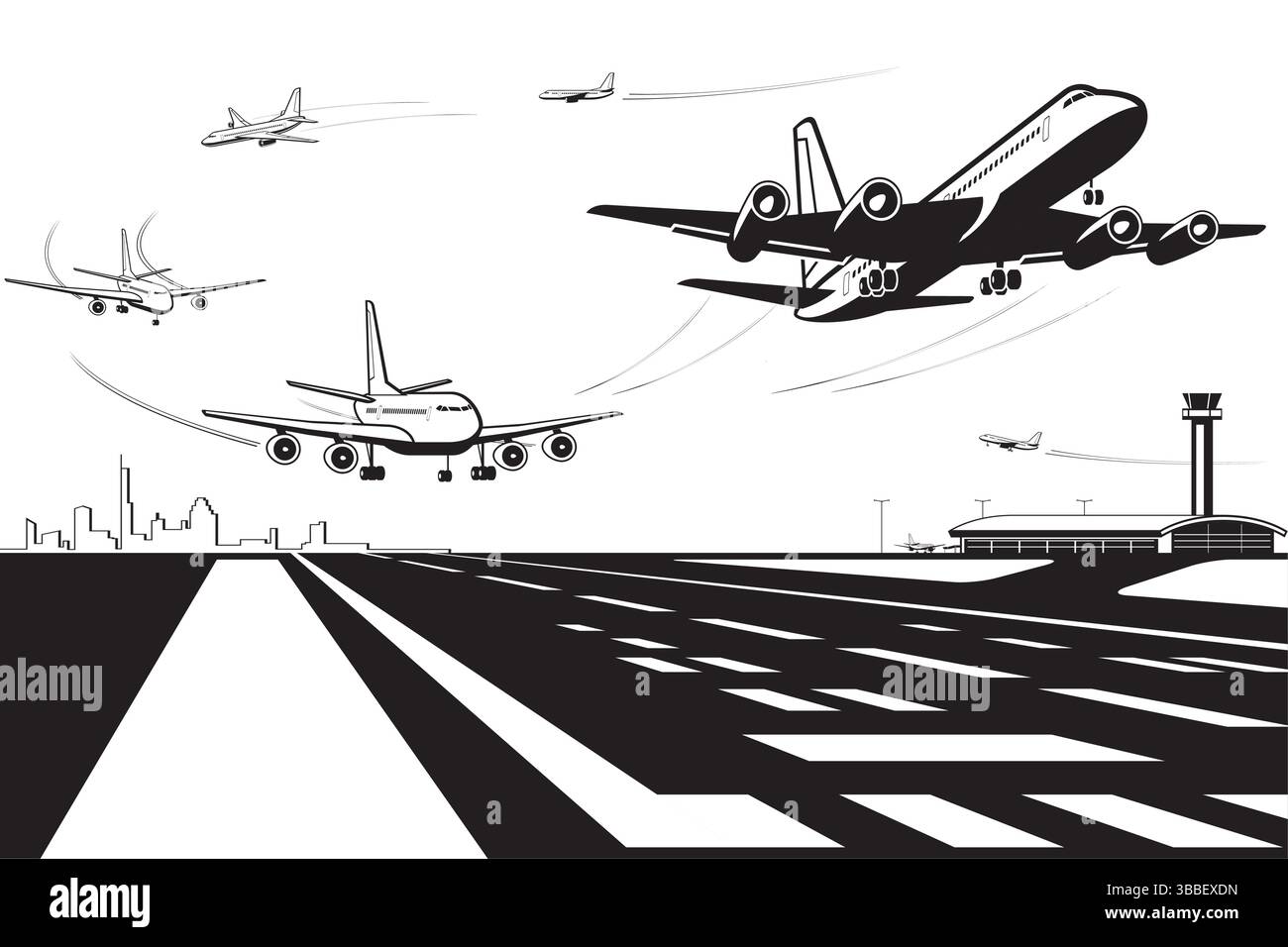 Passenger airplanes taking off and landing on airport – vector ...