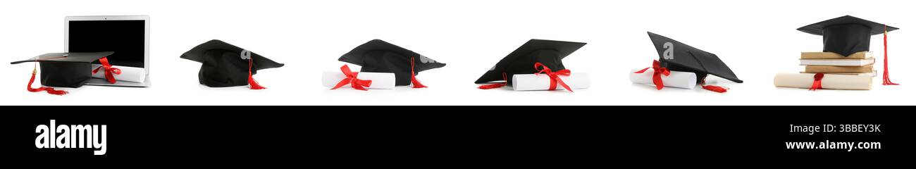Set of graduation hats and diplomas on white background Stock Photo - Alamy