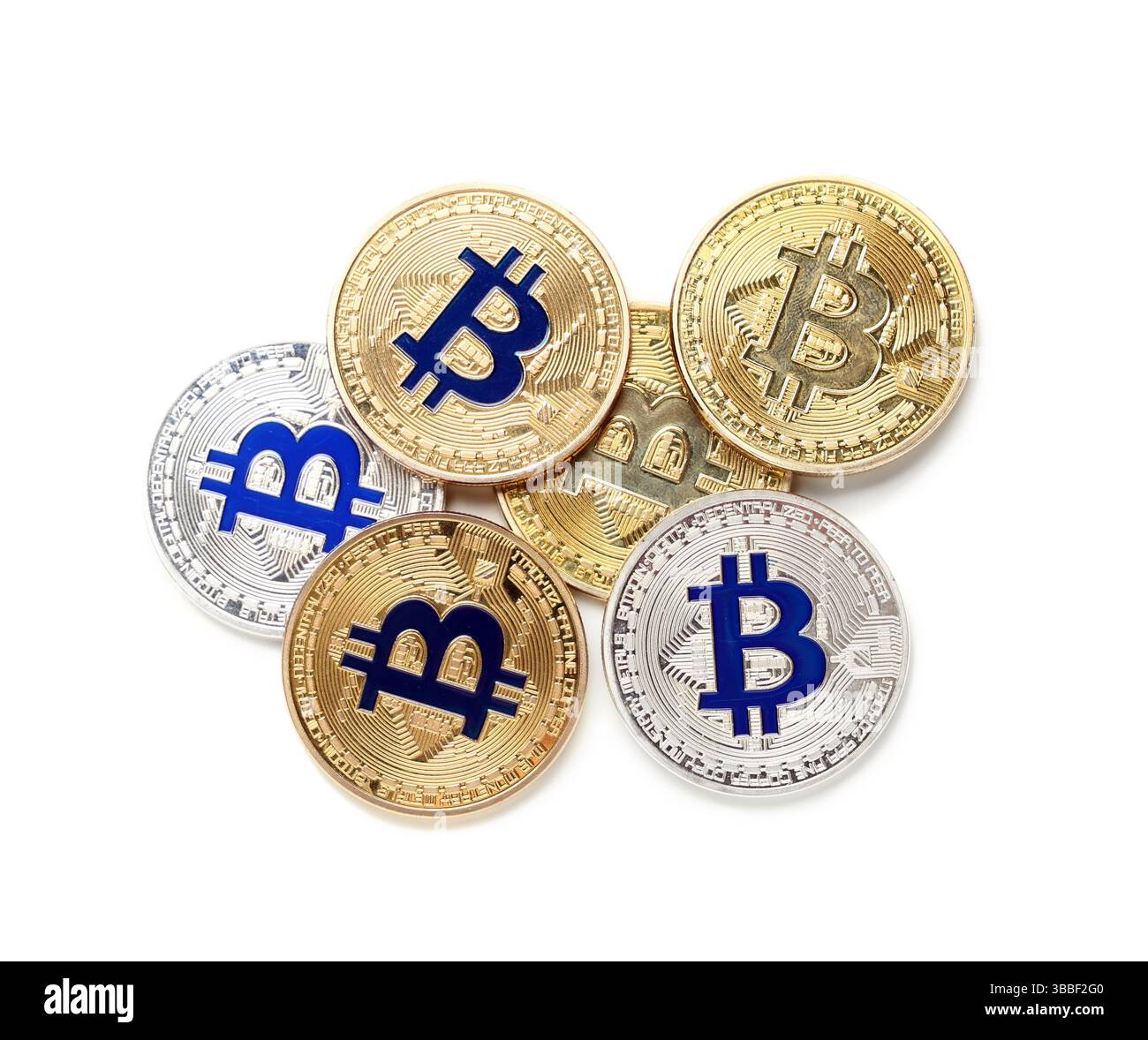 Different bitcoins on white background, top view Stock Photo