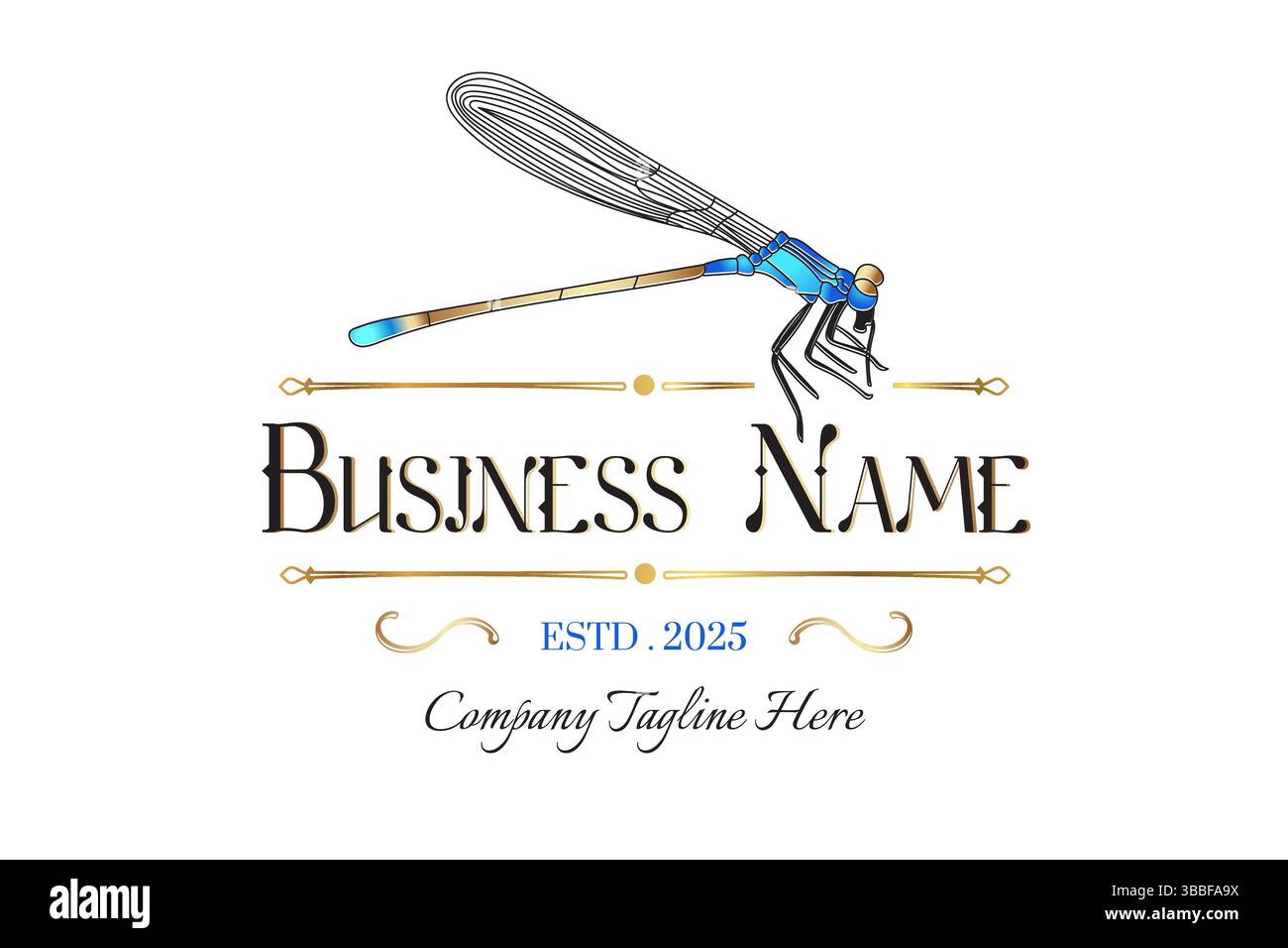 Gold Blue Dragonfly Vintage Retro Style Brand Logo Stock Vector