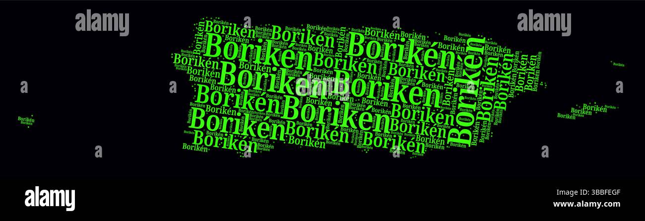 Puerto Rico Regions Word Clouds. Bright neon style design on dark background. Region names of the country in Spanish language. Stock Vector