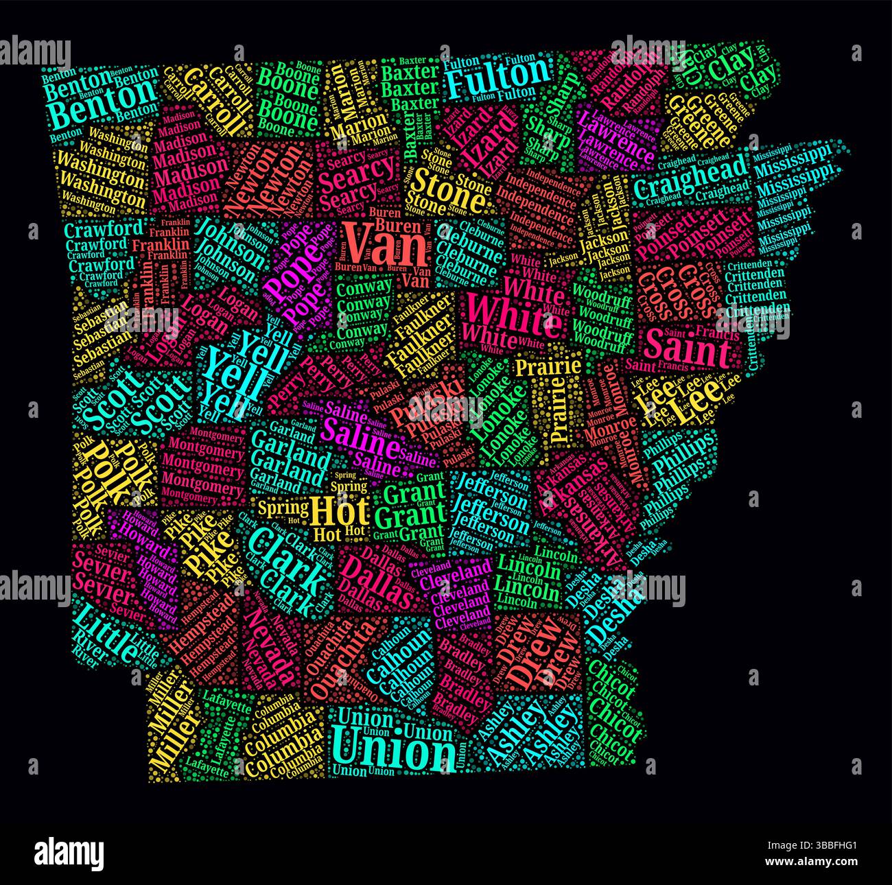 Arkansas Word Cloud. Bright neon style design on dark background. Region names text cloud. Boundary shape with administrative division. Stock Vector