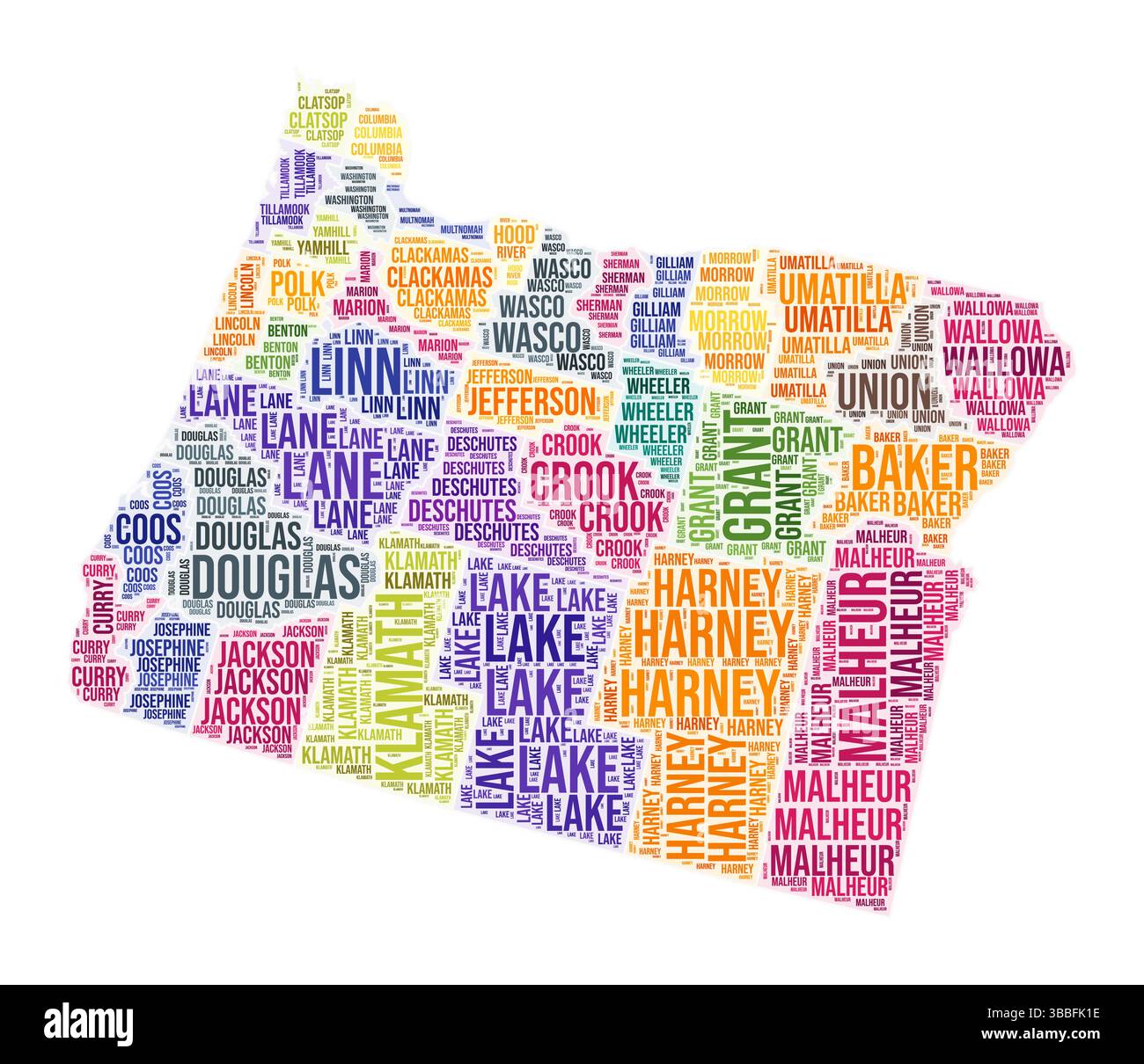 Oregon county word cloud. State shape design. Oregon colored ...