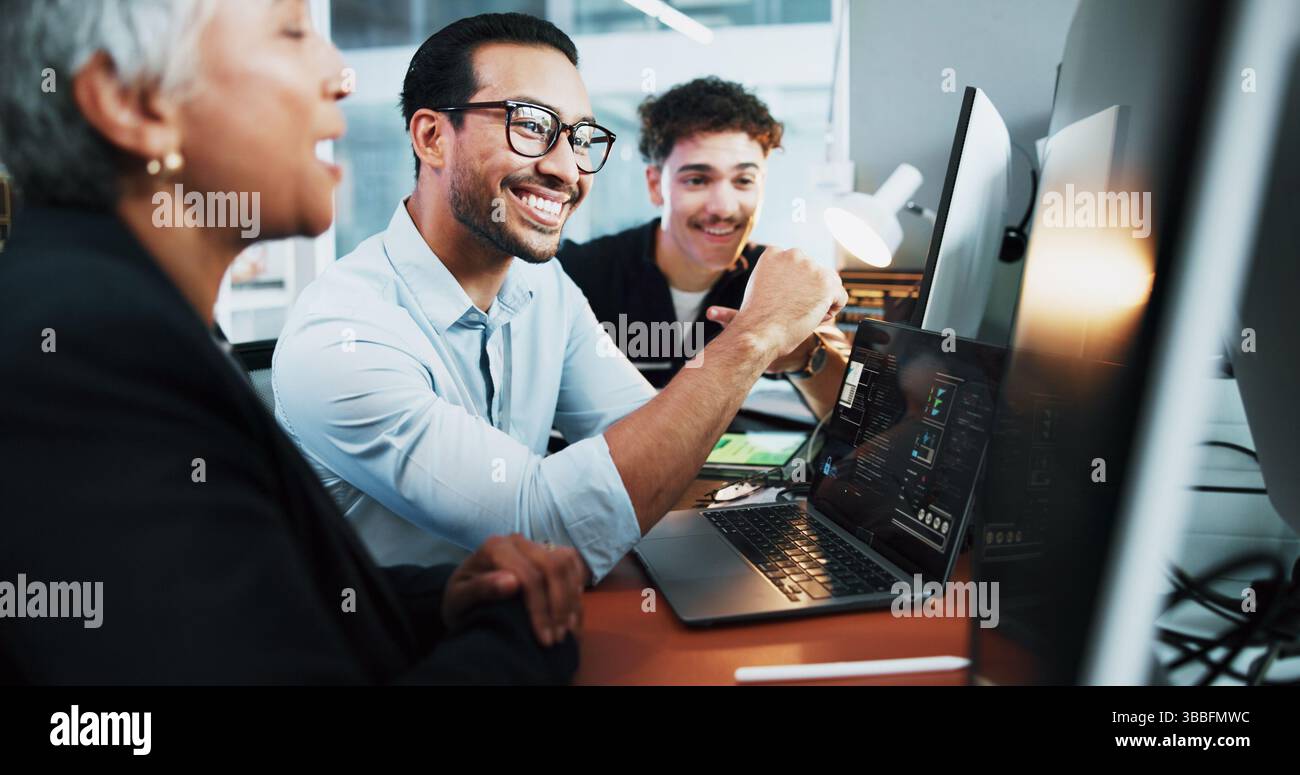 Web developer, smile and team in office for software, system or website update launch at night. Deadline, happy programmer and backend engineer for Stock Photo