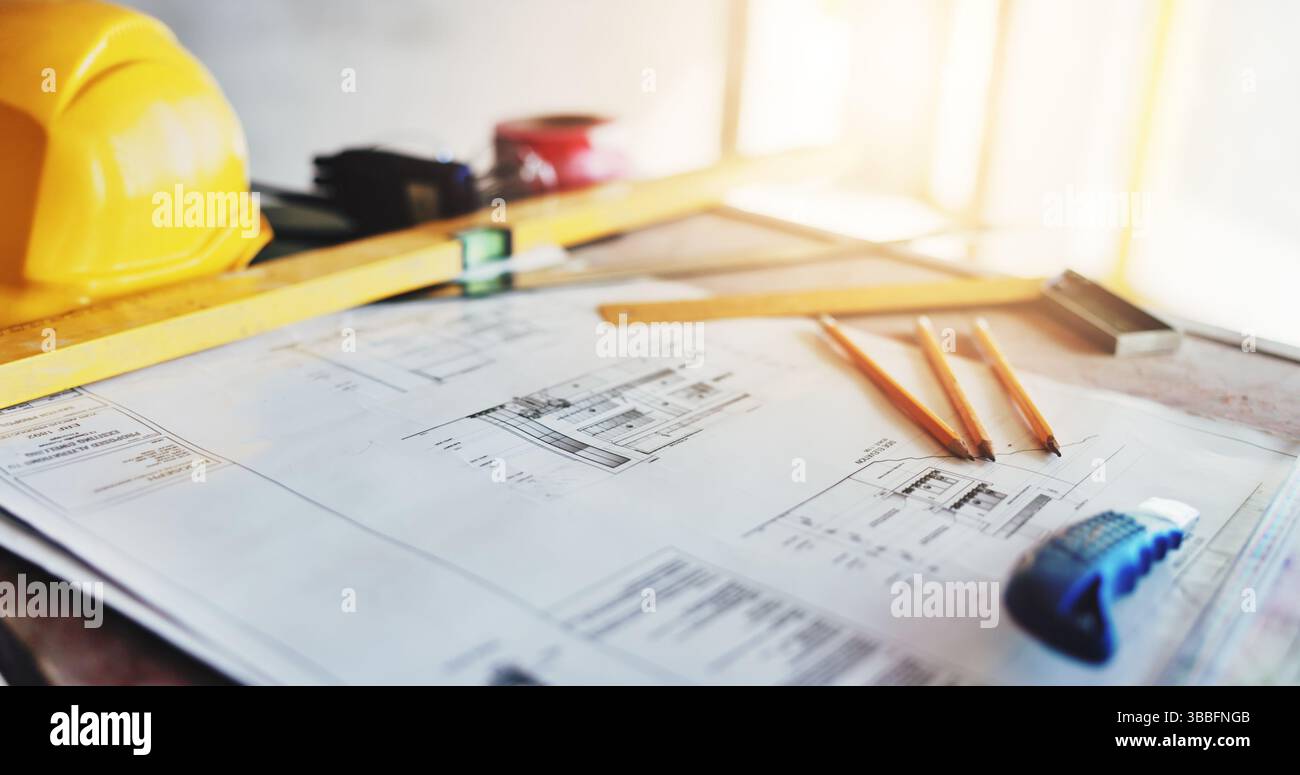 Architecture, blueprint and drawing equipment on table for building ...