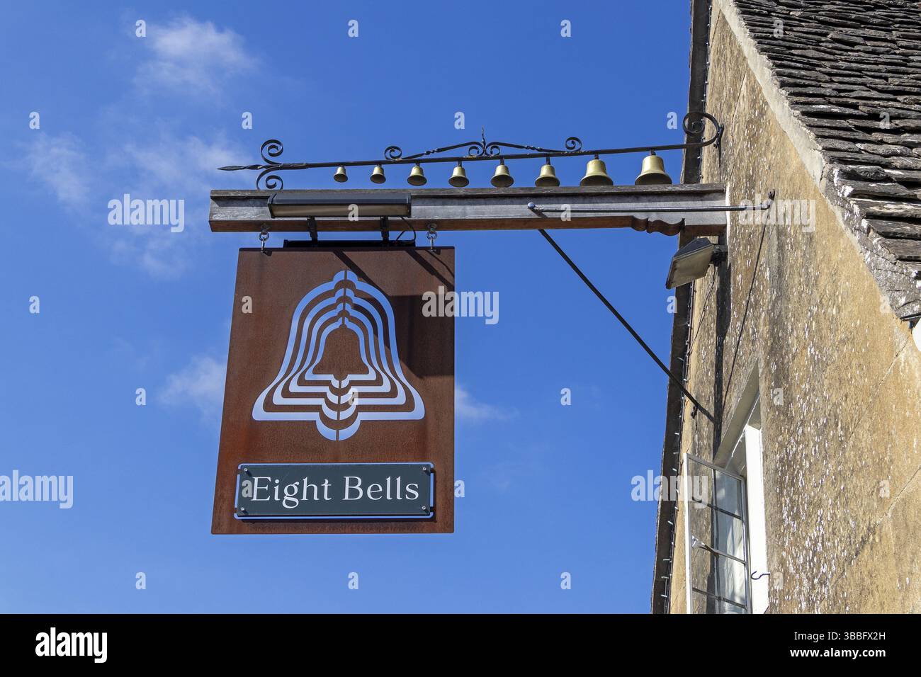 Pub Eight Bells, pub sign, Chipping Campden, The Cotswolds, England, Great Britain Stock Photo
