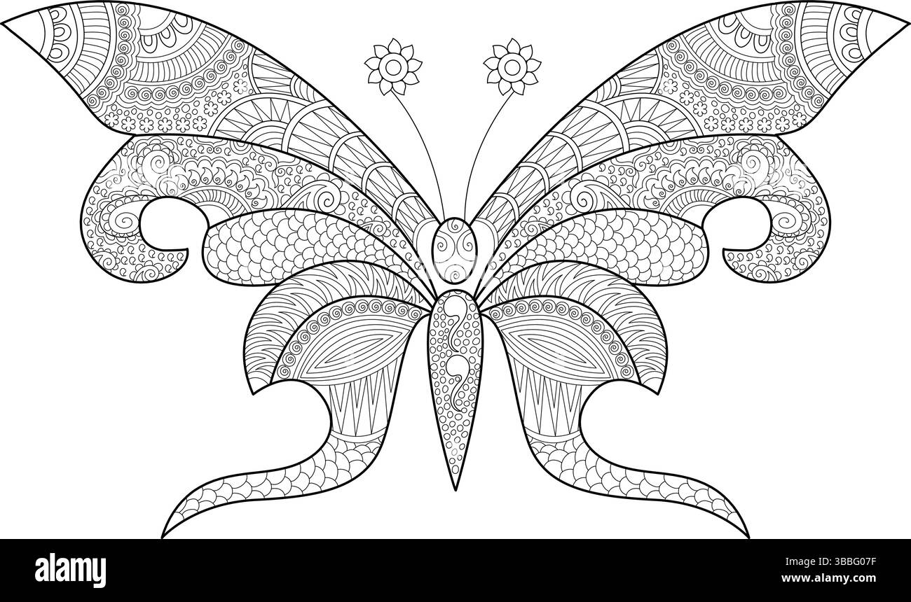 Black and white line drawing of a stylized butterfly filled with ...