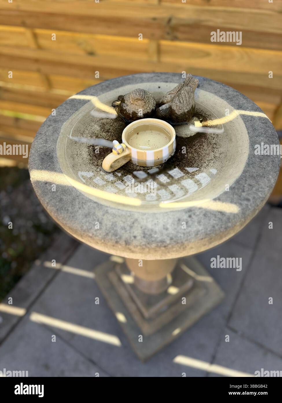 Light sheds an inserting pattern on a bird table in a domestic garden - Smartphone Captured Stock Image