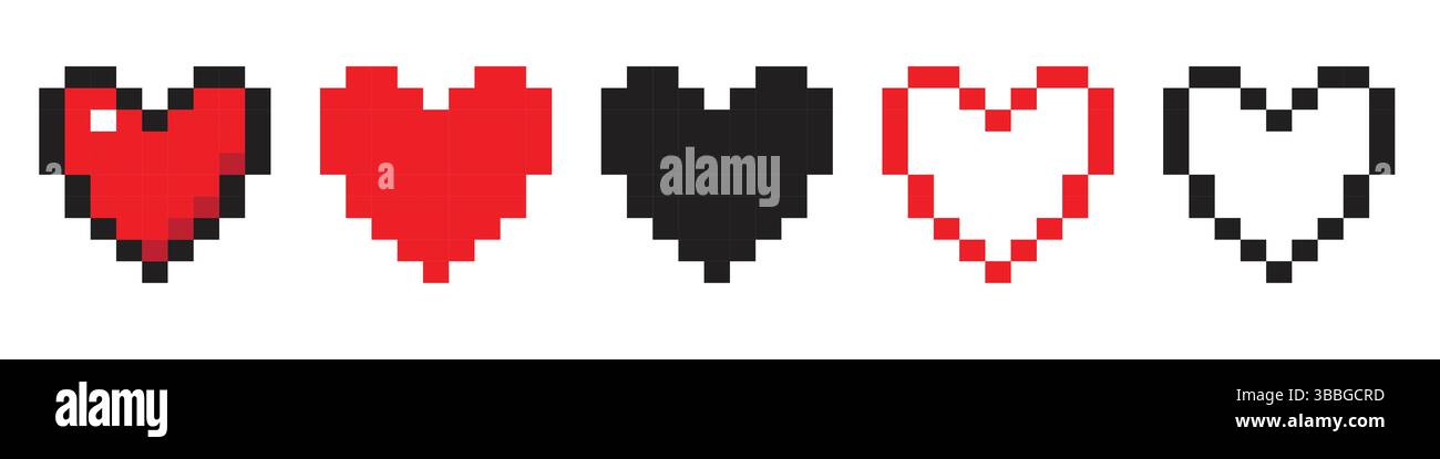 Retro style pixel heart icon collection Stock Vector