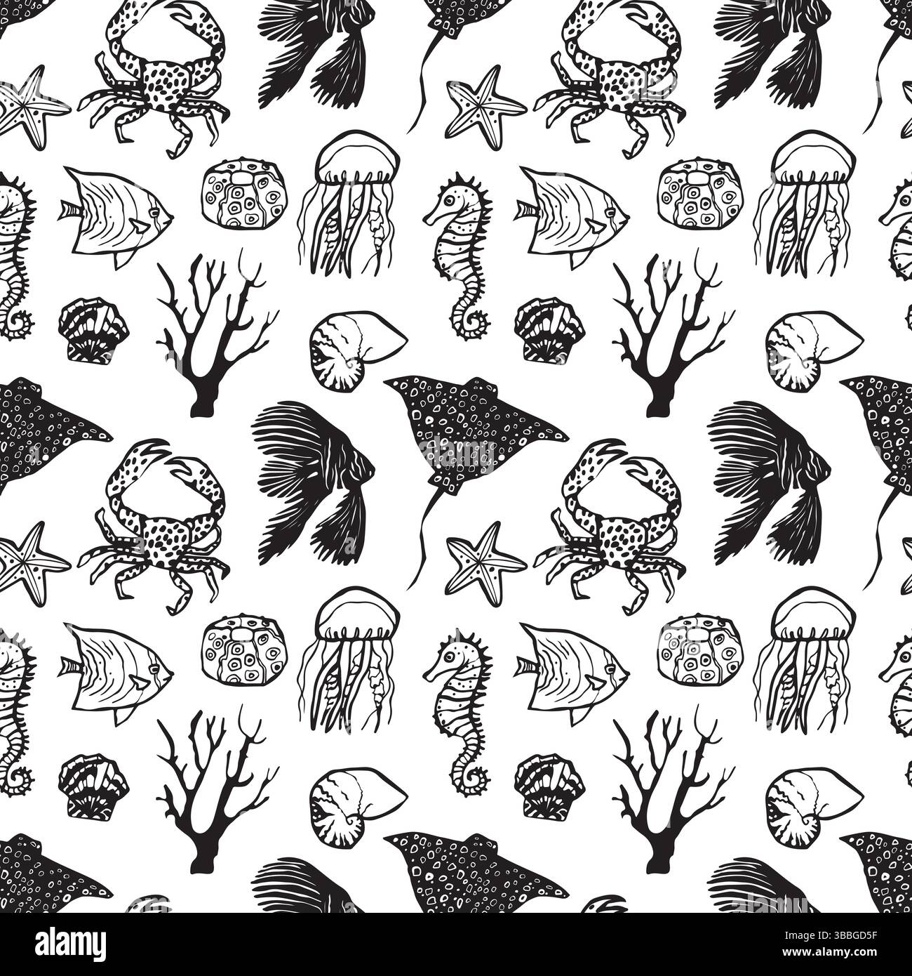 Vector seamless hand drawn outline pattern with stingrays, fish and ...