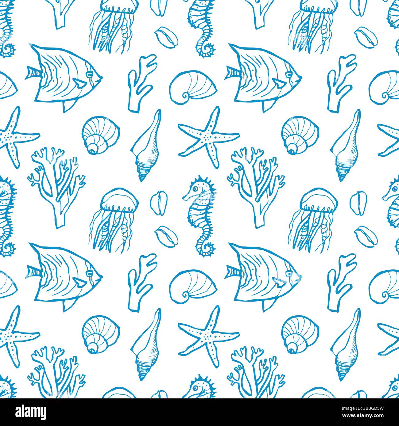 Vector seamless hand drawn outline pattern with shells and fish Stock Vector