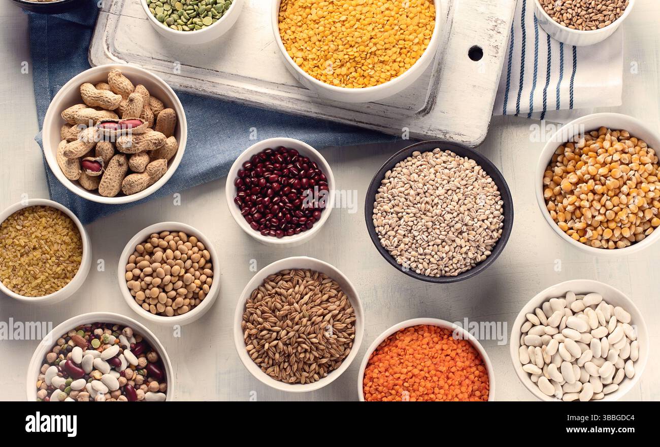 Grain, cereals, seeds, beans. Top view Stock Photo