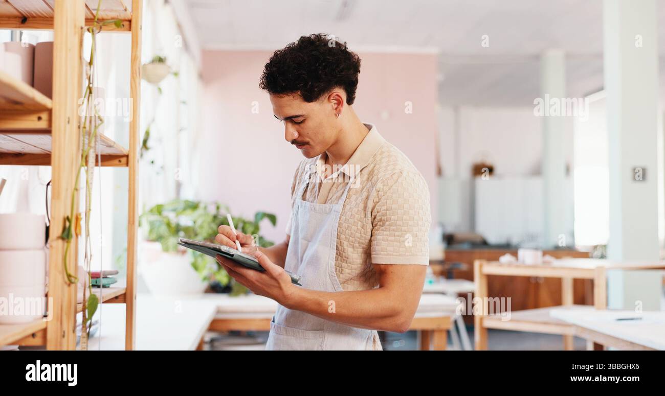 Ceramic, pottery and man with tablet in studio for inventory management ...