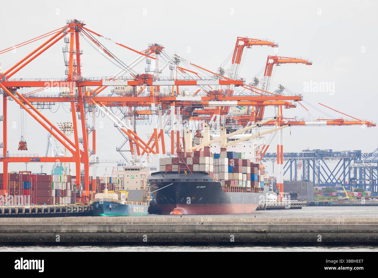 Container Pivoted Containers seen stacked on board of a container ship inside Tokyo Bay ...