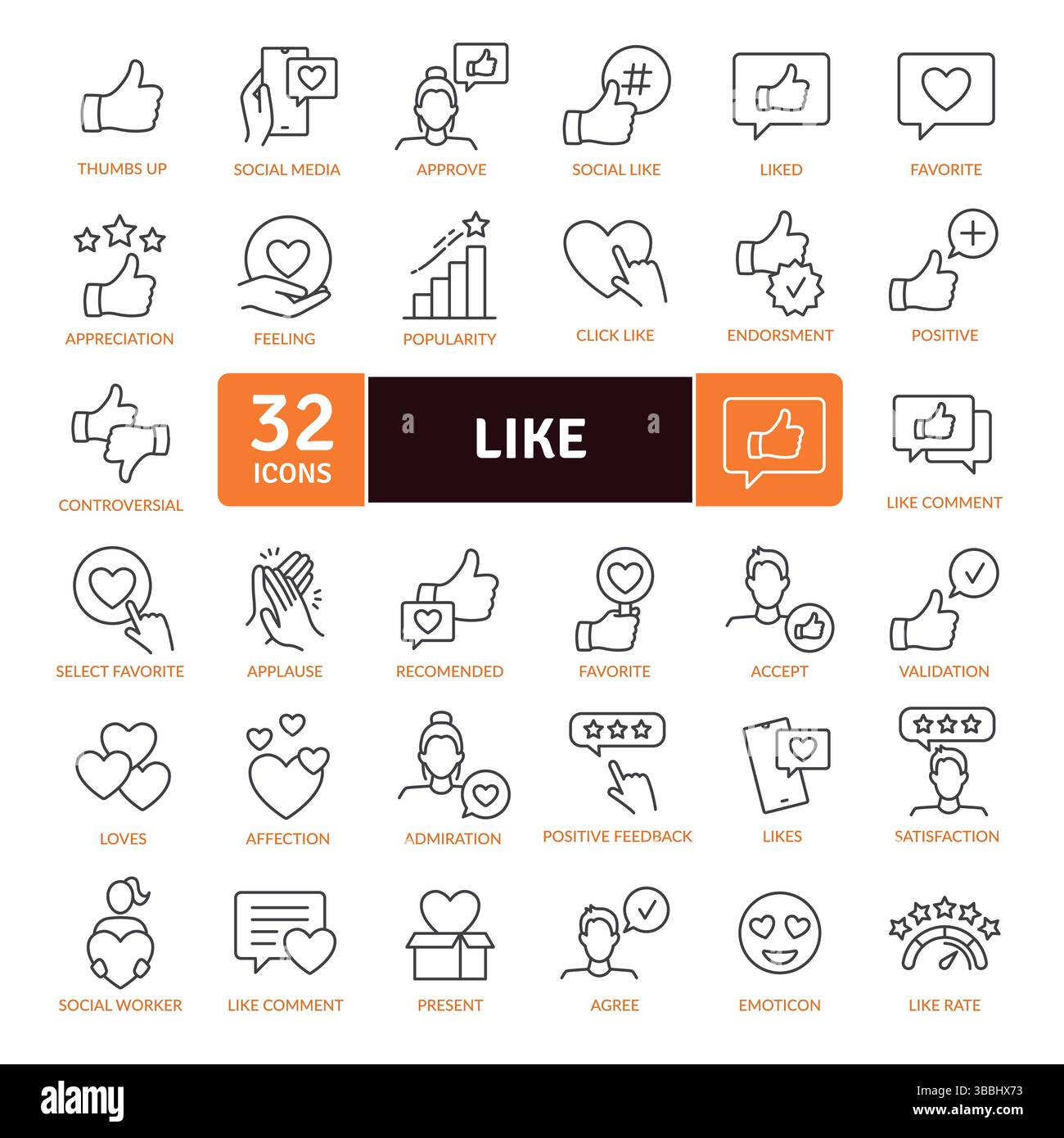 Social Media Engagement Icon Set: 32 Like and Approval Line Illustrations Stock Vector