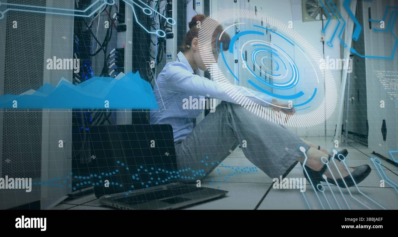 Image of clock and data processing over man using computer Stock Photo