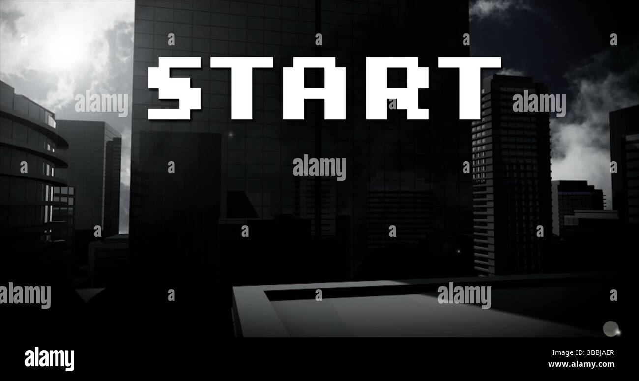 Image of start text over cityscape Stock Photo