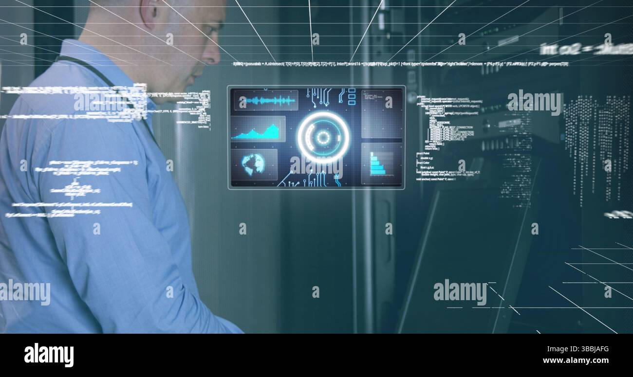 Image of scope scanning and data processing over caucasian it man fixing computer server Stock Photo