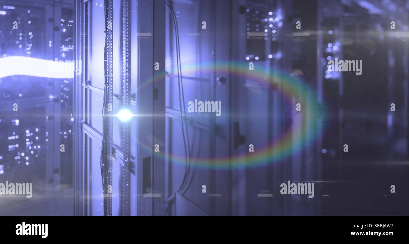 Image of light spots over server room Stock Photo
