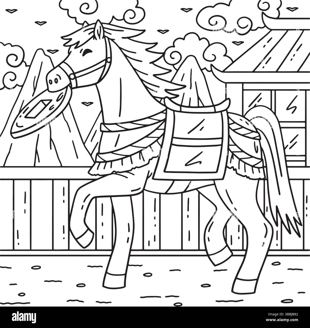Year of the horse biting fortune coin coloring stock vector image art