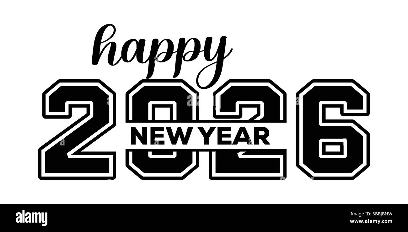 Happy New Year 2026 Typography Black And White Outline Design Stock