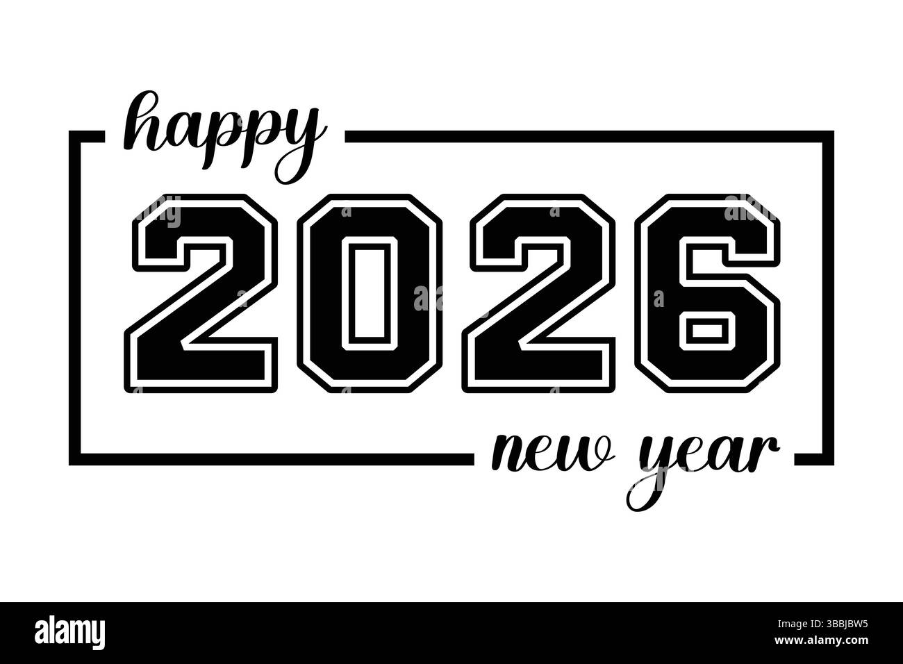Happy New Year 2026 Typography Black And White Outline Design Stock