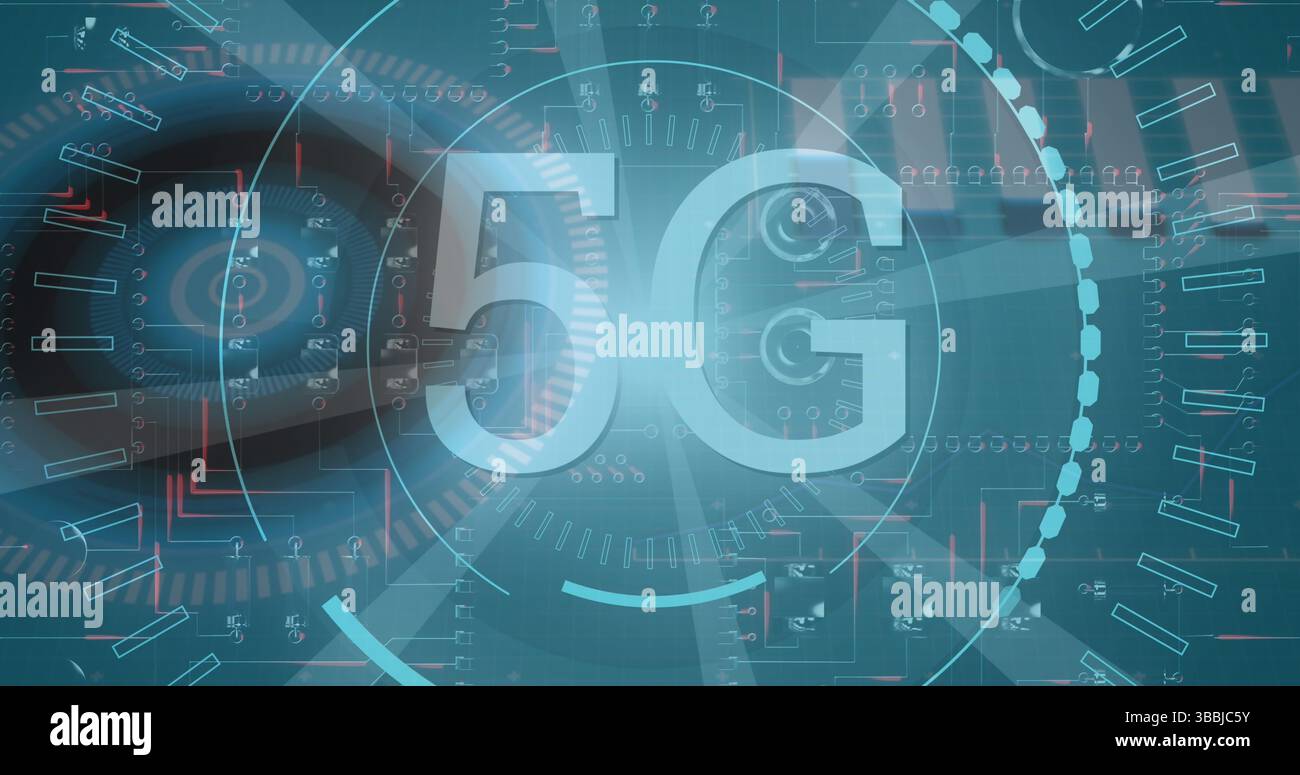Floating stylized 5G text graphic in virtual interface, with concentric data-ring overlays Stock Photo