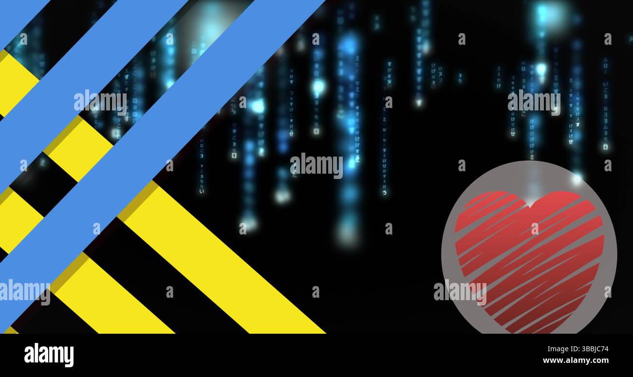 Grey circle with heart shining on right in digital graphic, with diagonal stripes, code, copy space Stock Photo
