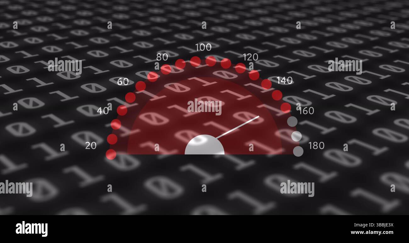 Image of binary code over speedometer and black background Stock Photo