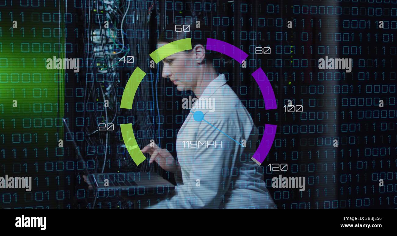 Image of data processing over caucasian woman using laptop server room Stock Photo