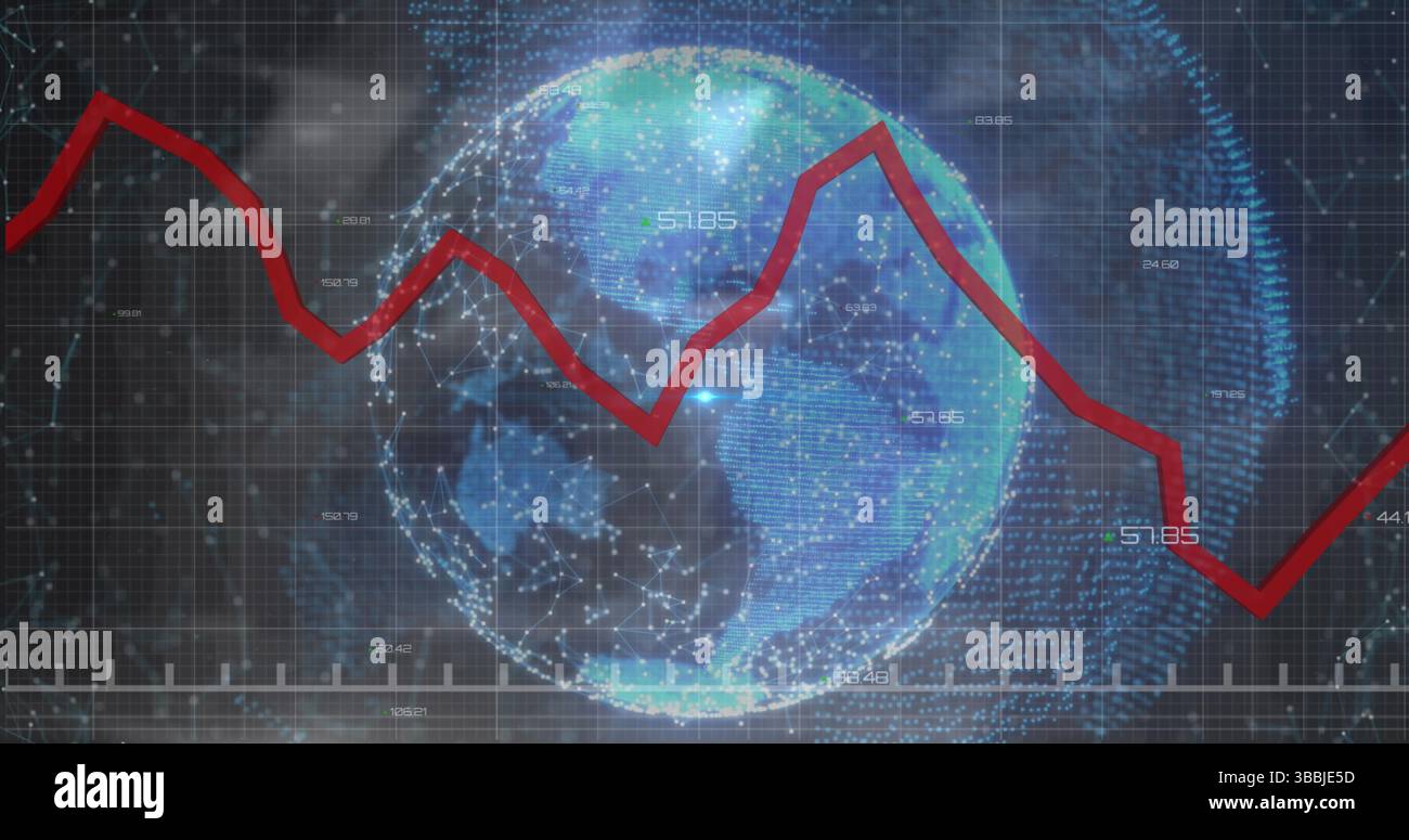 Image of graph over globe and navy background Stock Photo