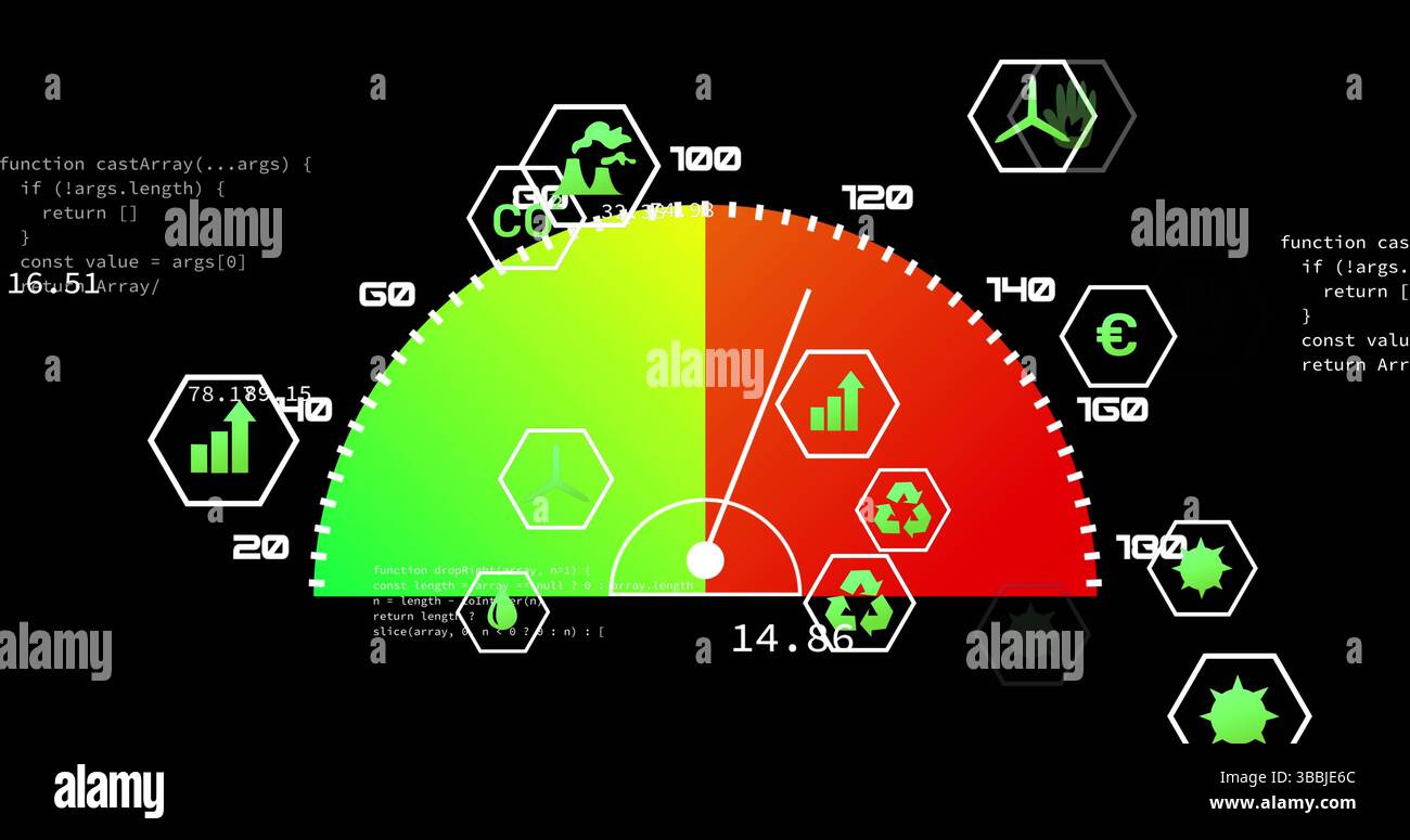 Image of speedometer over falling icons Stock Photo