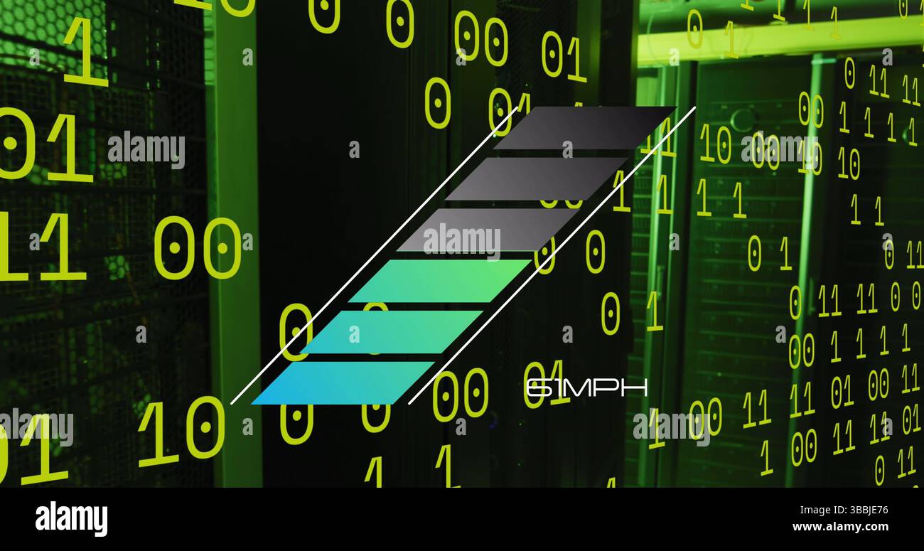 Image of binary code over speedometer and servers in background Stock Photo