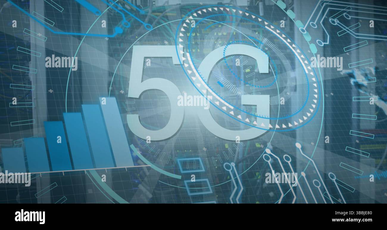 Image of 5g and data processing over servers Stock Photo
