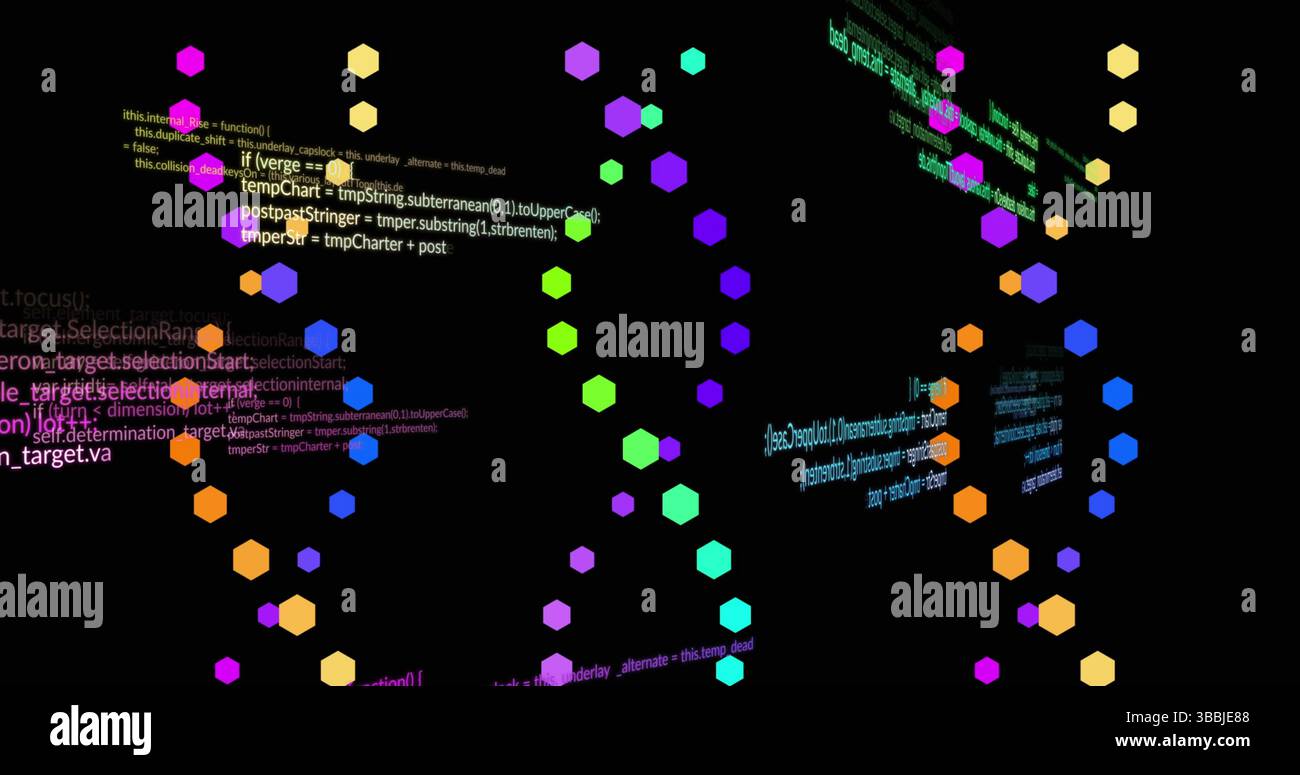 Image of scientific data processing and dna strands spinning Stock Photo