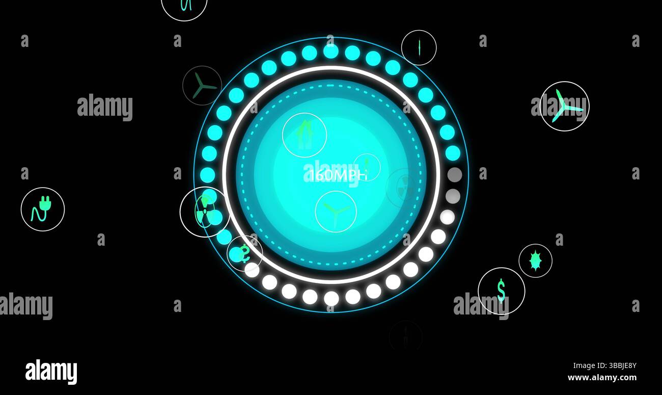 Image of speedometer over falling icons Stock Photo