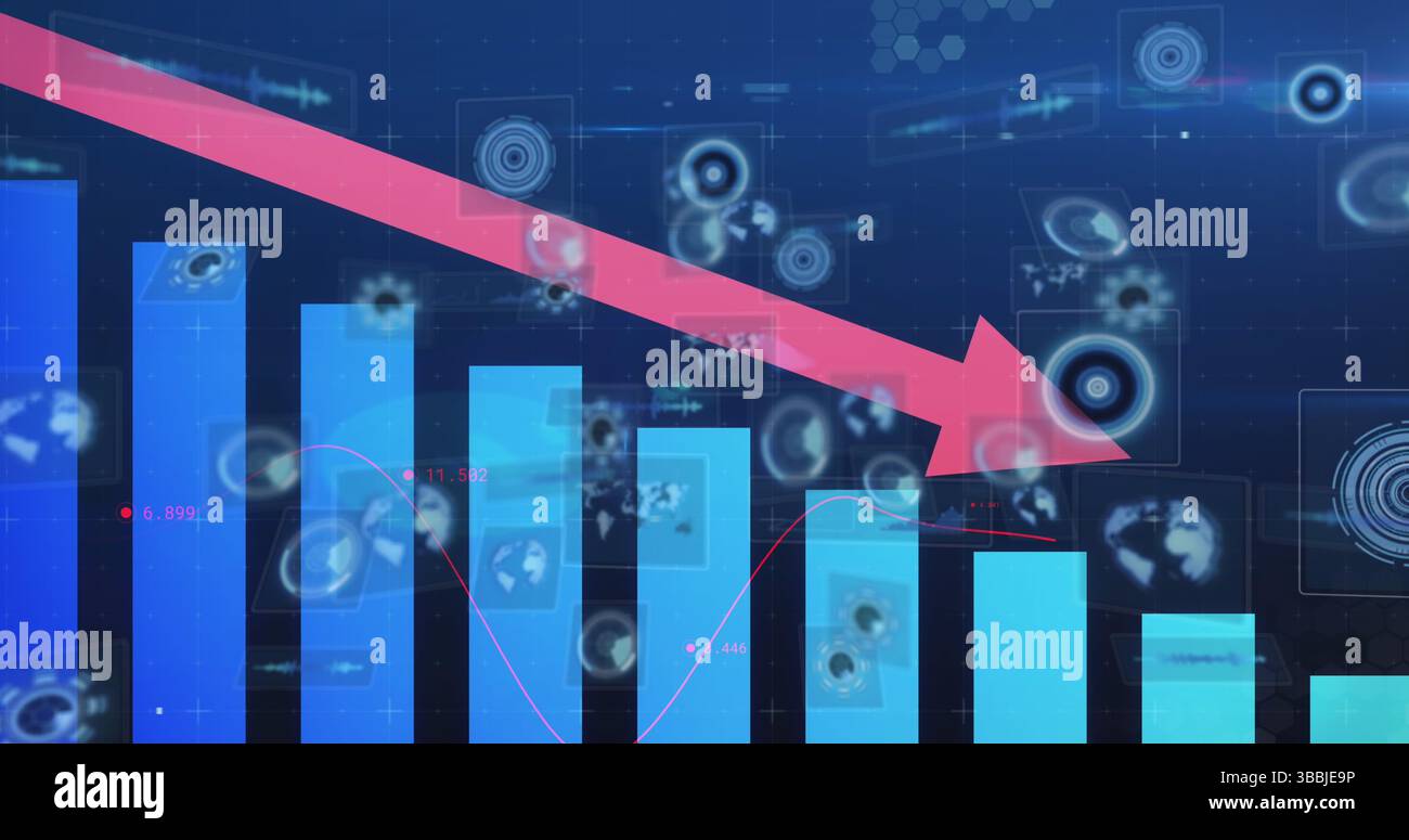 Image of red arrow, graph with data processing and scope scanning over blue background Stock Photo