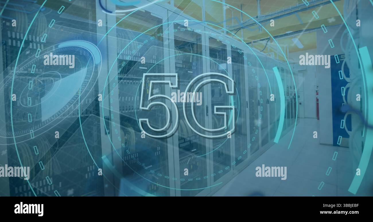 Image of 5g and data processing over servers Stock Photo