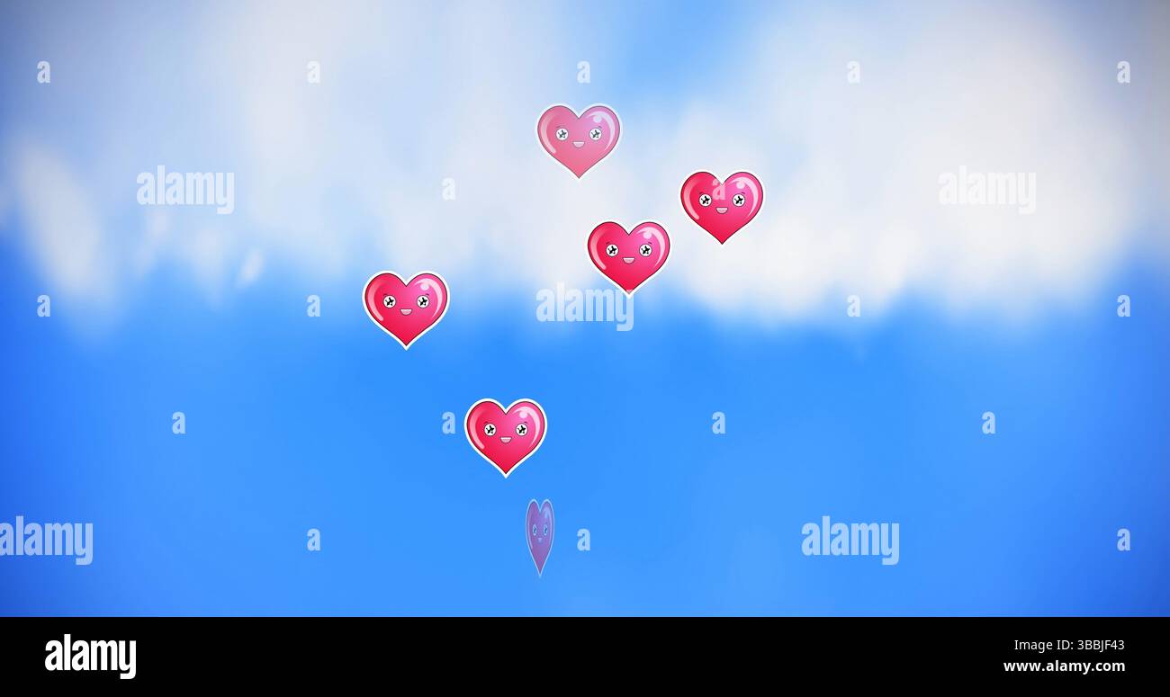 Image of hearts floating over sky and clouds Stock Photo - Alamy