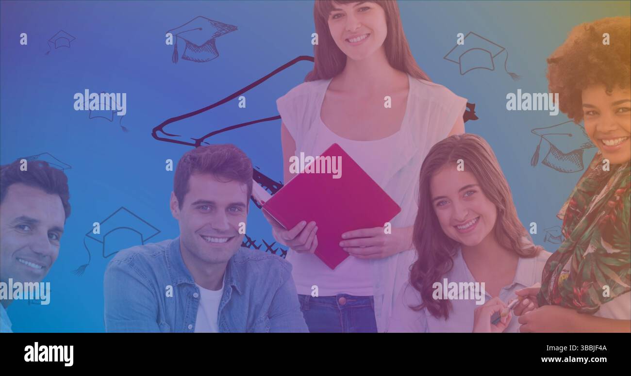 Image of happy diverse students over graduation hat and blue background ...