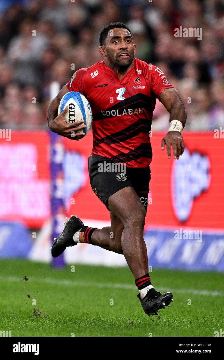 Sydney, Australia. 16th May, 2025. Sevu Reece of the Crusaders makes a ...