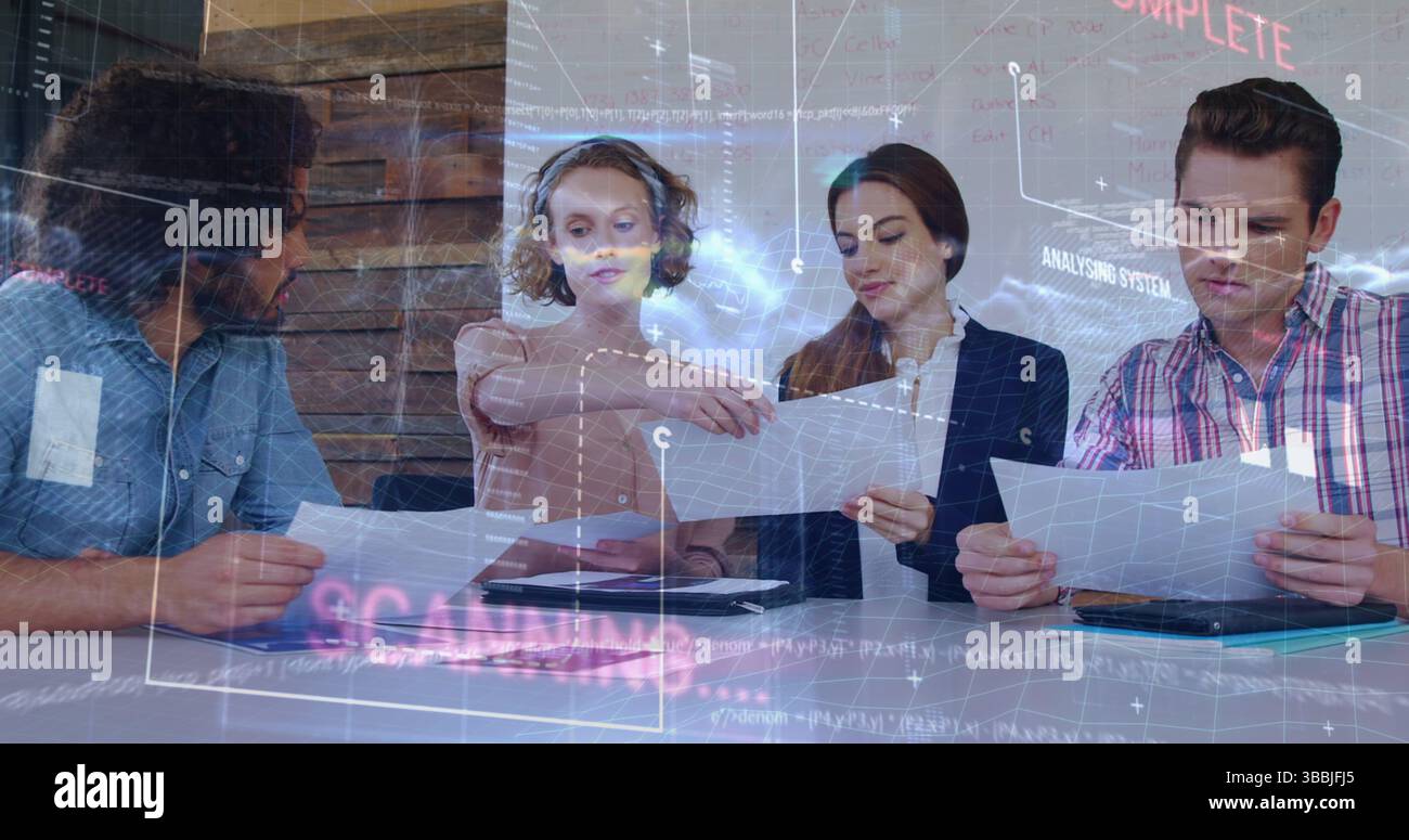 Image of data processing over diverse colleagues discussing over documents at office Stock Photo