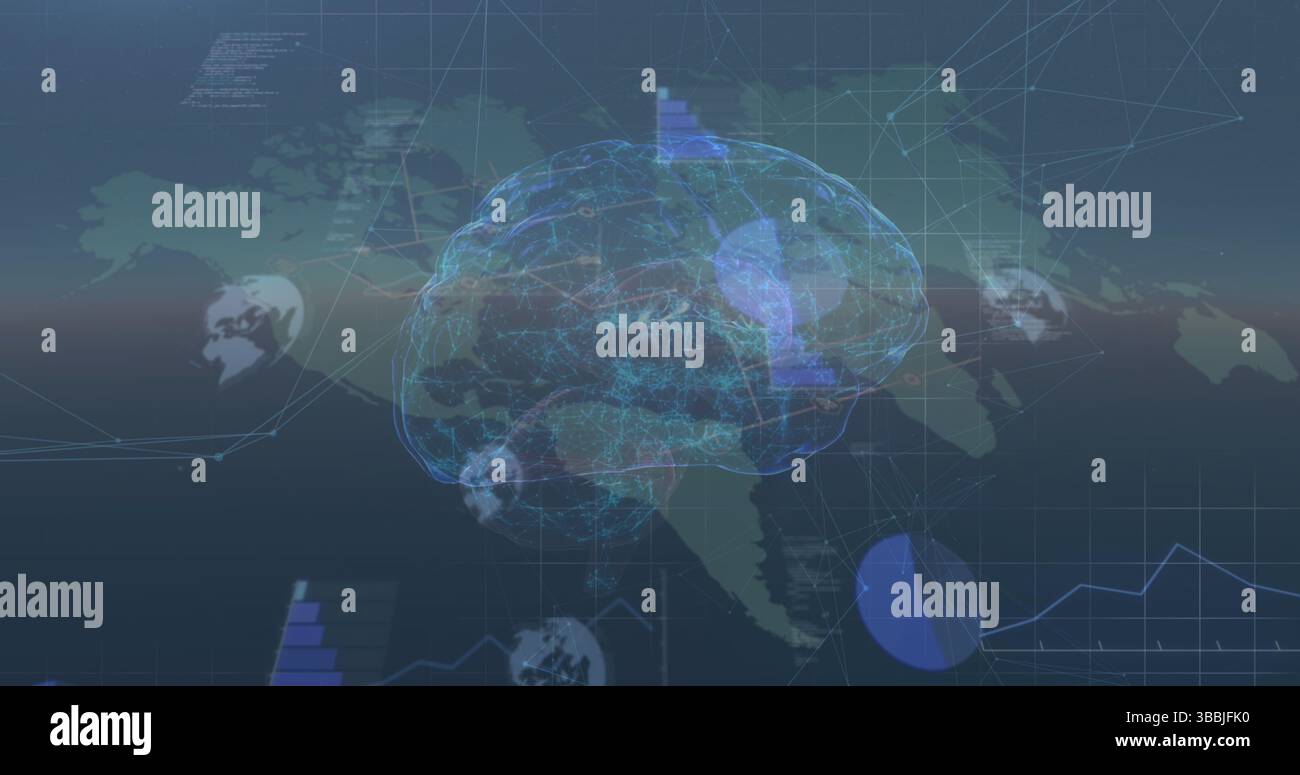 Image of brain rotating over world map over sunset Stock Photo - Alamy