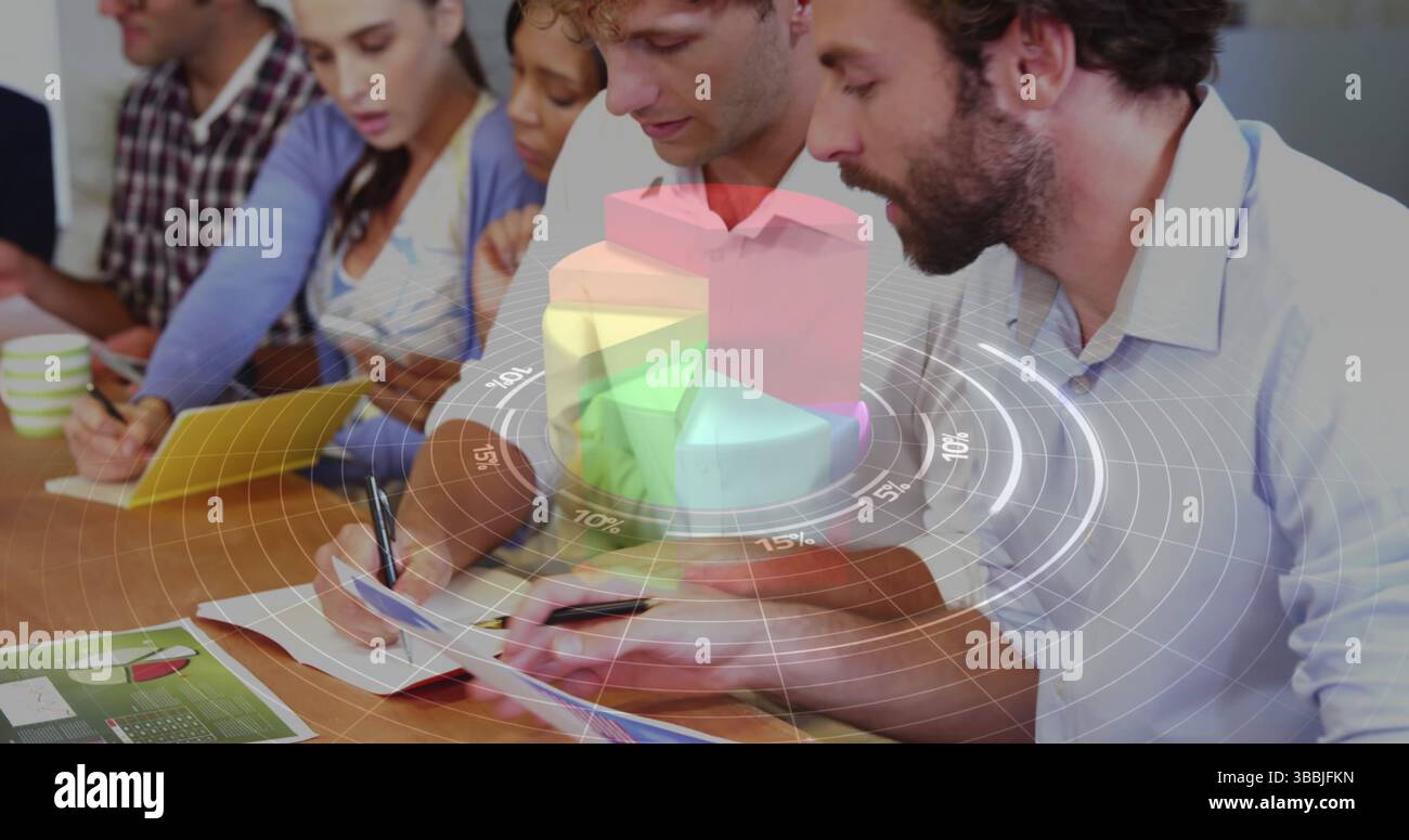 Image of statistical data processing over two caucasian men discussing over documents at office Stock Photo