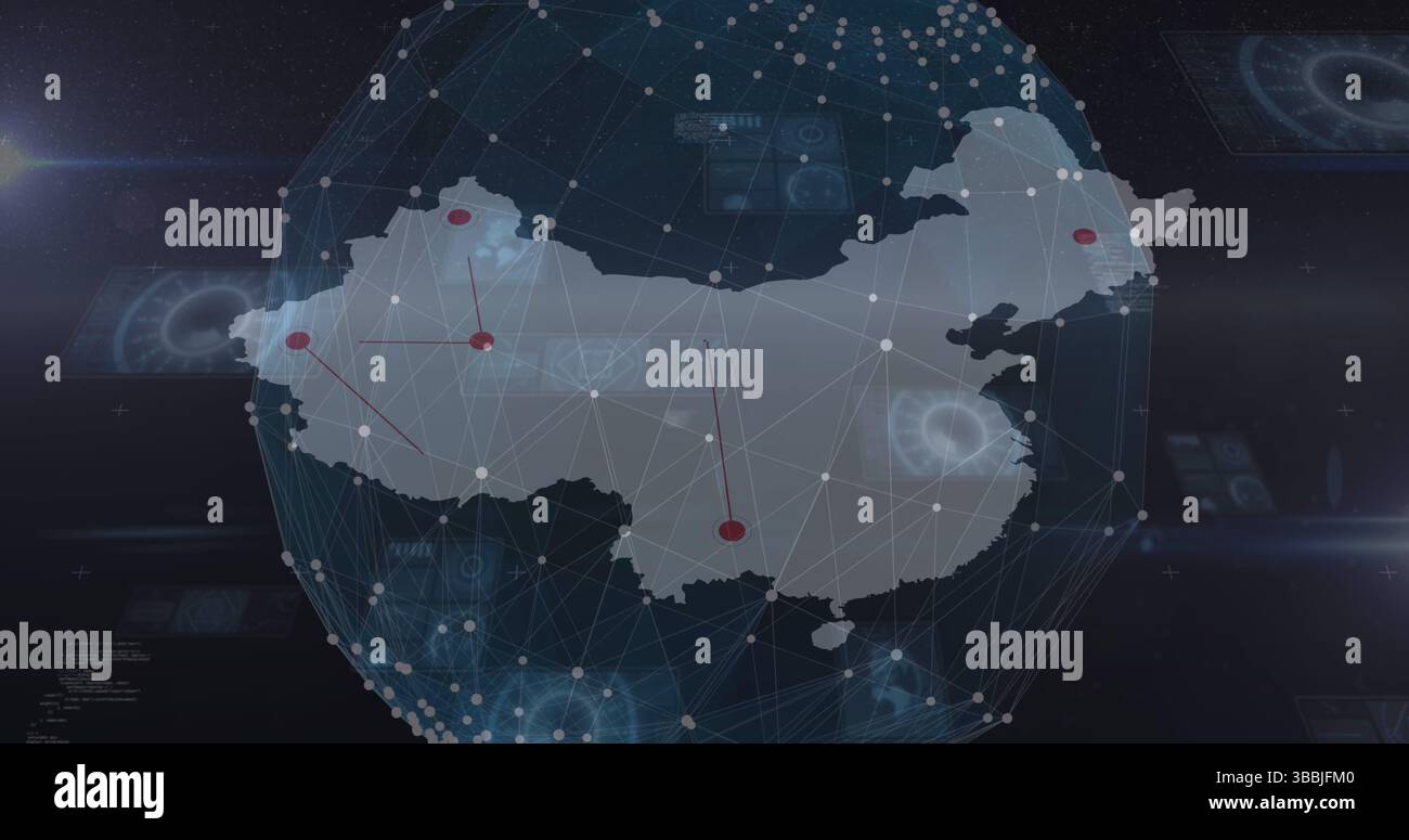 Image of globe rotating over map over screens on black background Stock ...