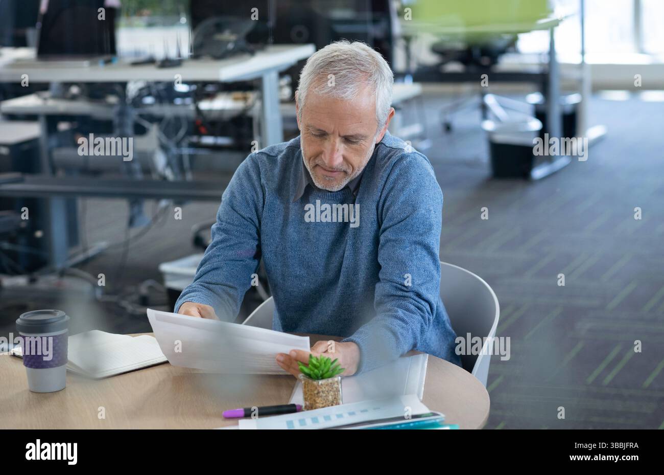 Reading senior man reviewing documents at table in office, with coffee cup and succulent Stock Photo