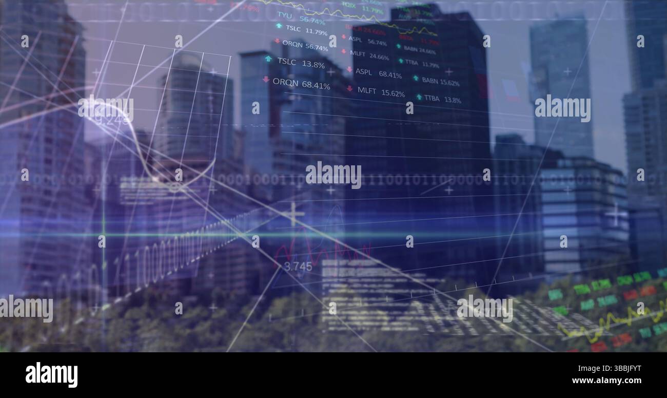 Image of financial data processing binary coding over cityscape Stock Photo