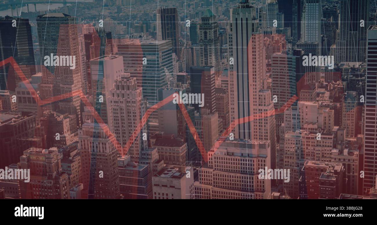Image of financial data processing with red lines over cityscape Stock Photo