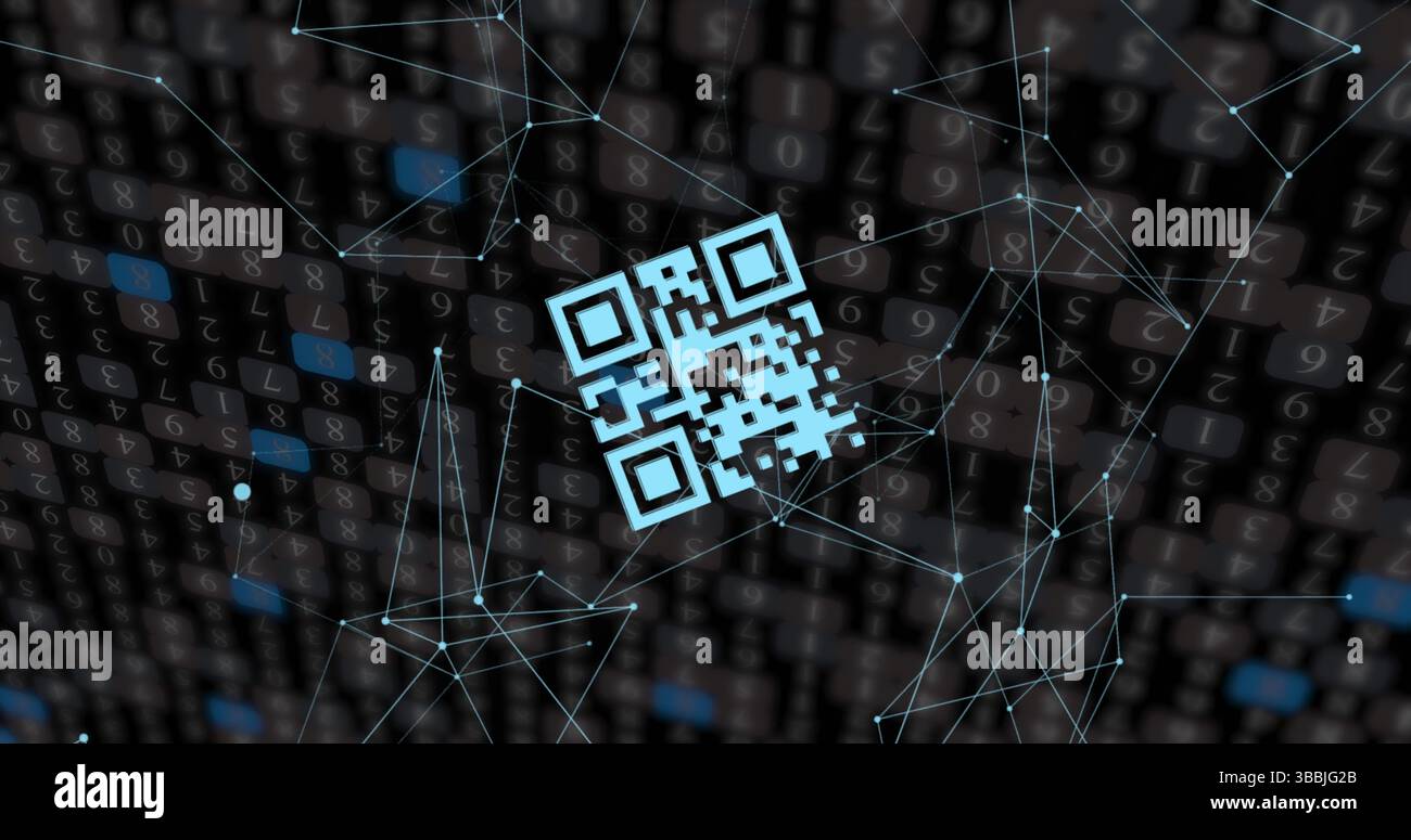 Image of network of connections and qr code with icons over dark background Stock Photo