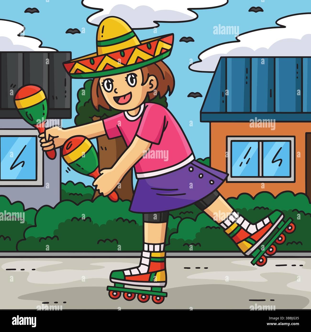 Female Inline Skater Playing Maracas Colored  Stock Vector